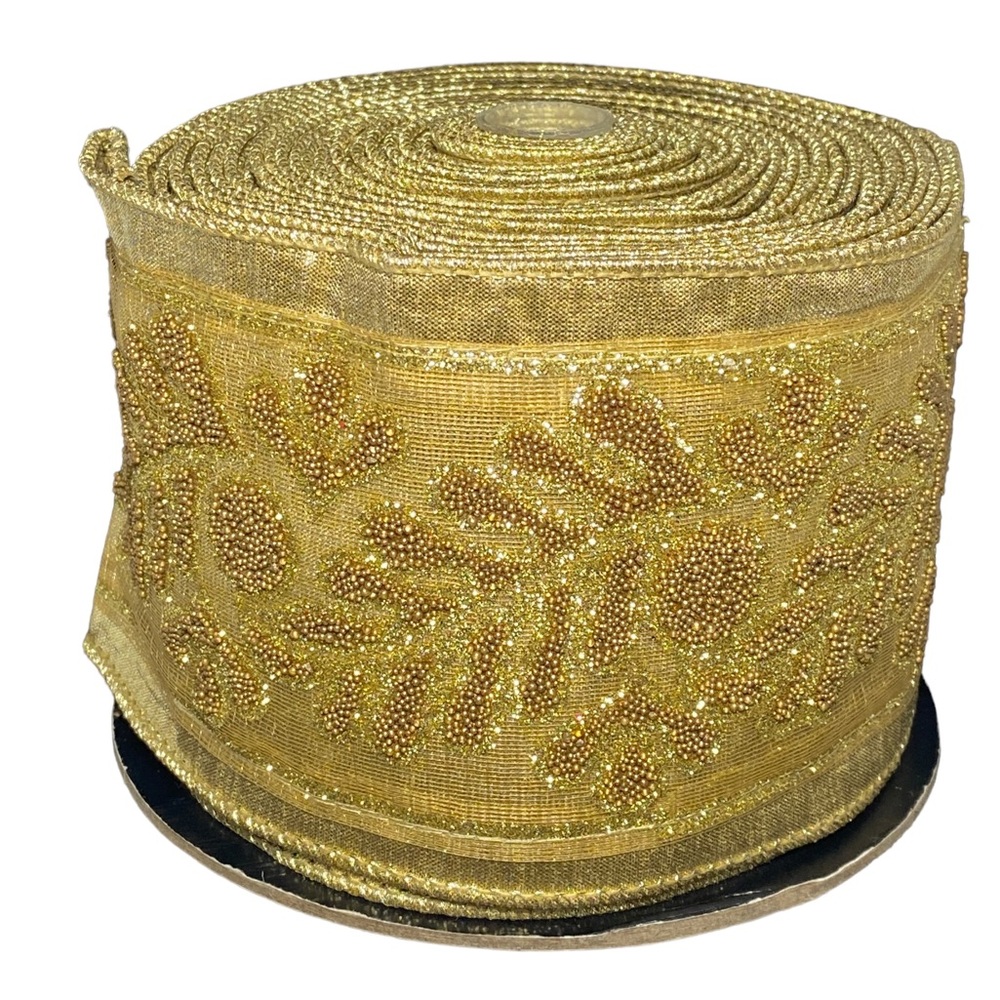 D. Steven’s gold beaded leaf embroidered wire‎ ribbon wide sheer holiday wreath